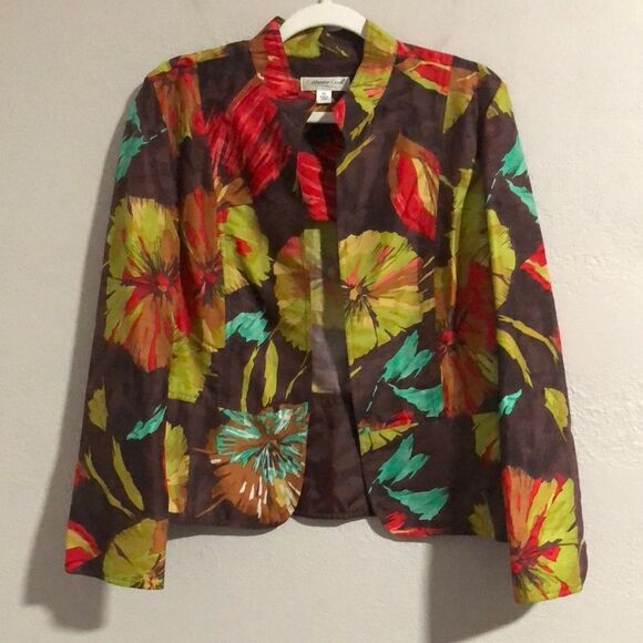 COLDWATER CREEK Size PL Open Front Floral Jacket Blazer 100% Silk Unlined - Picture 1 of 6